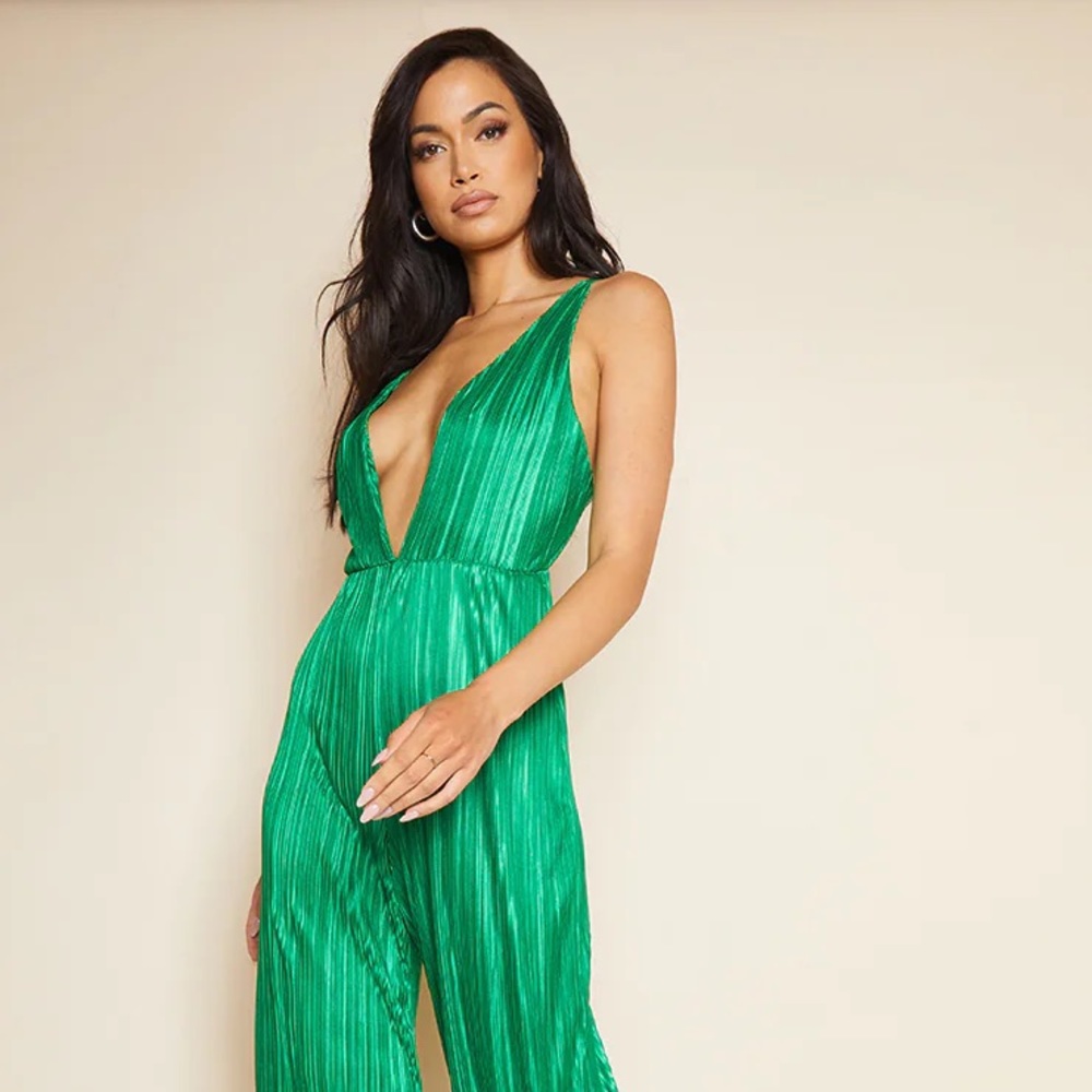 Green Plisse Plunge Strappy Jumpsuit